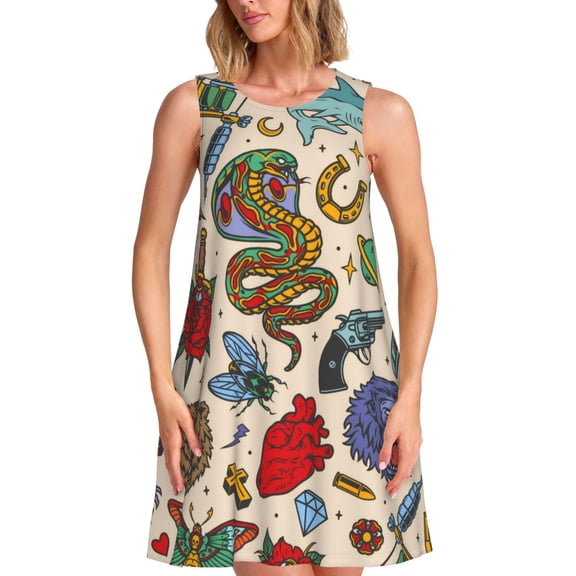 Spring Summer Dresses for Women 2025 - Vintage Tattoo Elements Collage Swimsuit Coverup Sundresses for Women, Beach Vacation Clothes for Women, Hawaiian Tshirt Dresses for Women