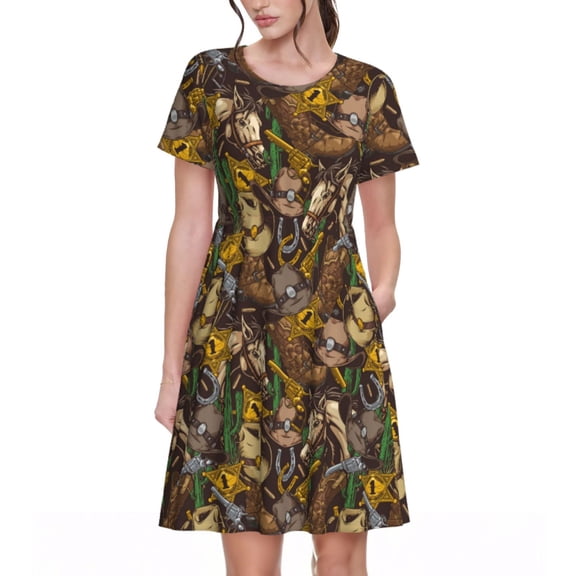 Spring Summer Dresses for Women 2025 - Western Cowboy Horse Cowboy Hat Wedding Guest Dresses, Beach Vacation Clothes, Hawaiian Sundresses Casual Short Sleeve Dress for Women with Pockets