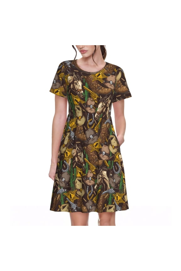 Spring Summer Dresses for Women 2025 - Western Cowboy Horse Cowboy Hat Wedding Guest Dresses, Beach Vacation Clothes, Hawaiian Sundresses Casual Short Sleeve Dress for Women with Pockets
