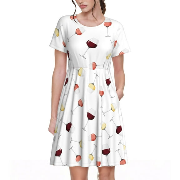 Spring Summer Dresses for Women 2025 - Wine Champagne Glasses Print Wedding Guest Dresses, Beach Vacation Clothes, Hawaiian Sundresses Casual Short Sleeve Dress for Women with Pockets