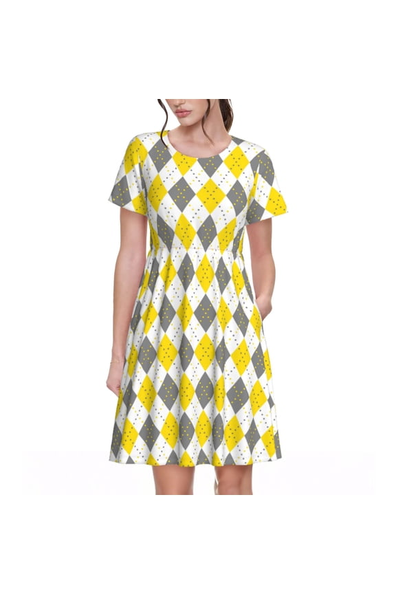 Spring Summer Dresses for Women 2025 - Yellow Grey White Diamond Plaid Wedding Guest Dresses, Beach Vacation Clothes, Hawaiian Sundresses Casual Short Sleeve Dress for Women with Pockets