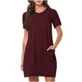 thumbnail image 1 of Spring Summer Dresses for Women Fashion Solid Color Short Sleeve Round Neck Dress Ladies Shirtdress with Pockets, 1 of 6