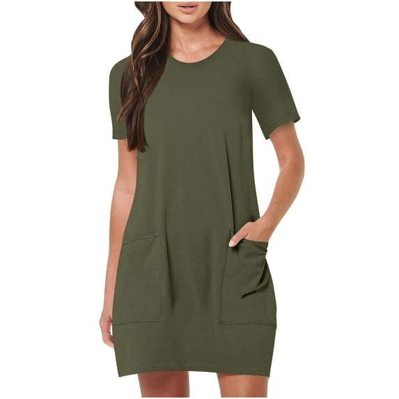Spring Summer Dresses for Women Fashion Solid Color Short Sleeve Round Neck Dress Ladies Shirtdress with Pockets