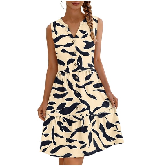 Spring Summer Dresses for Women Floral Tank Dress V Neck Button Dress Tiered Ruffle Hem A Line Midi Dress Vacation Beach Daily Wear Khaki-1 XL