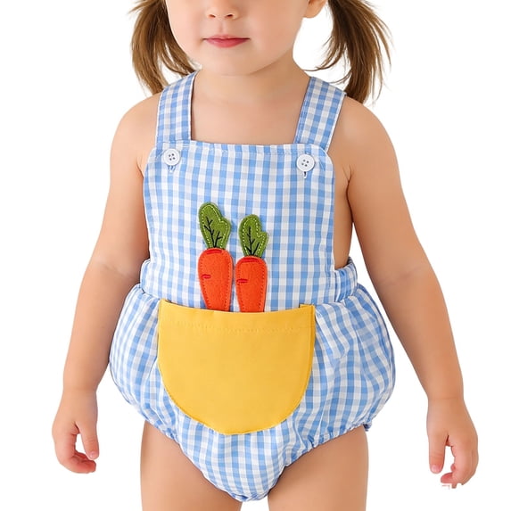 Spring Summer Easter Baby Toddler Carrot Embroidered Pocket Overalls Blue 12M-18M