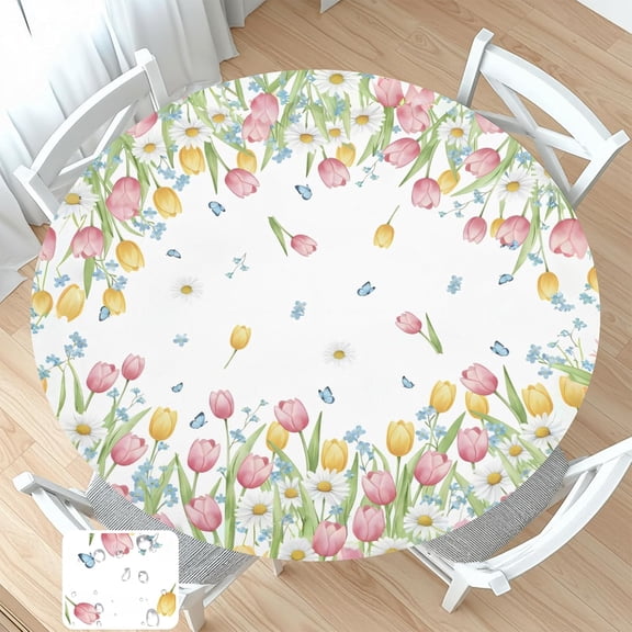 Spring Summer Easter Round Fitted Tablecloth with Elastic Edge Tulip Butterfly Floral Circle Table Cloth for 48-52" Tables Wipeable Waterproof Farmhouse Flowers Table Cover for Picnic Dining Outdoor
