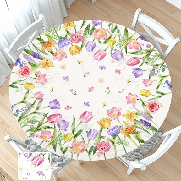 Spring Summer Easter Round Fitted Tablecloth with Elastic Edge Tulip Lavender Floral Circle Table Cloth for 36-40" Tables Wipeable Waterproof Farmhouse Flowers Table Cover for Picnic Dining Outdoor
