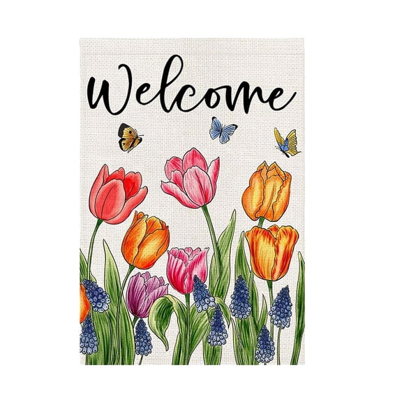 Spring Summer Easter Tulip Welcome Garden Flag Double Sided Colorful Floral Small Burlap Yard House Seasonal Farmhouse Outside Outdoor Decoration,Beige