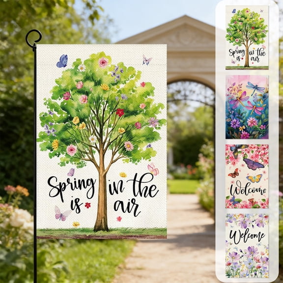 Spring Summer Easter Welcome Garden Flag Decor 18×12 Inches Doubles-sided Green Tree Burlap Holiday Outdoor Flag For Yard Patio Front Door Farmhouse Outdoor Decoration