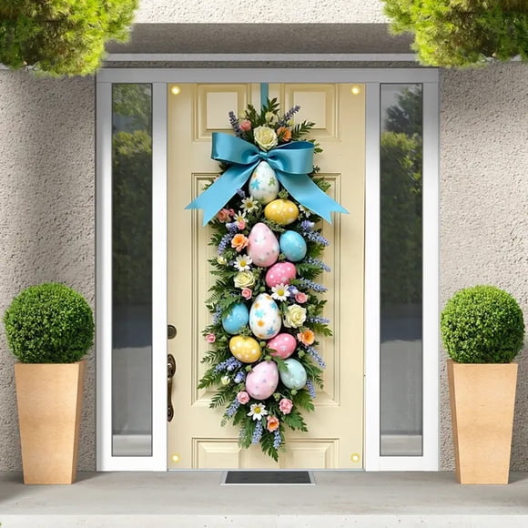 Spring Summer Easter Wreath for Front Door, 70.8 inch Artificial Egg and Colorful Flower Wreath with Welcome Sign, for Front Door Wall Window Festival Decor, Spring/Summer Greenery Wreath