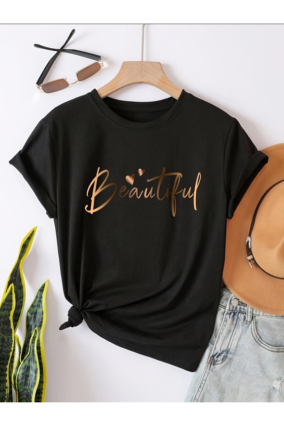 Spring Summer Easy Round Neck Fashion Loose Versatile Casual Short Sleeve T-Shirt Heart Letter Women'S Top Pattern