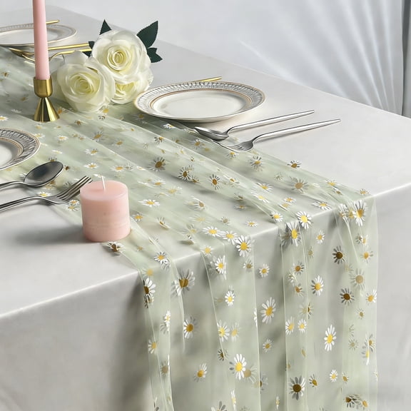 Spring Summer Embroidery Dais Tulle Mesh Table Runner Florals Seasonal Easter Tulle Table Runner for Holiday Kitchen Dining Table Decoration Wedding Party Decoration