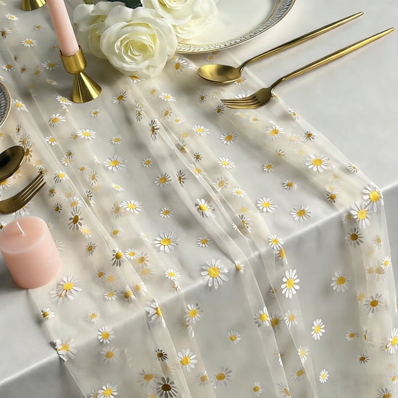 Spring Summer Embroidery Dais Tulle Mesh Table Runner Florals Seasonal Easter Tulle Table Runner for Holiday Kitchen Dining Table Decoration Wedding Party Decoration