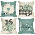 thumbnail image 1 of Spring Summer Eucalyptus Leaves Daisy Decorative Throw Pillow Covers 18 x 18 Set of 4, Buffalo Plaid Truck Farmhouse Sage Green Cushion Case Decor, Bless Home Seasonal Decoration for Sofa Couch, 1 of 5