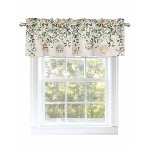 Spring Summer Eucalyptus Leaves Valances for Windows, Rod Pocket Kitchen Valance Curtains - Soft Small Window Treatment for Living Room, Ocean Shell Starfish, 42x12 Inch
