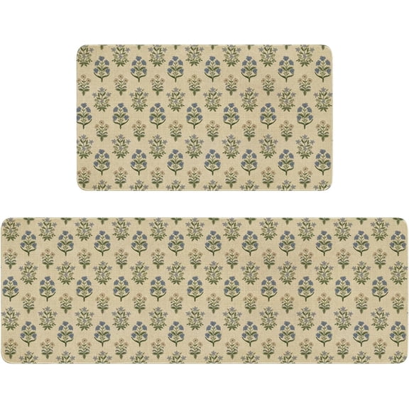 Spring Summer Farmhouse Kitchen Rugs and Mats Set of 2,Blue Green Vintage Boho Floral Farmhouse Non Slip Washable Floor Sink Mats Decorations for Home Kitchen 18"x48"+18"x30"