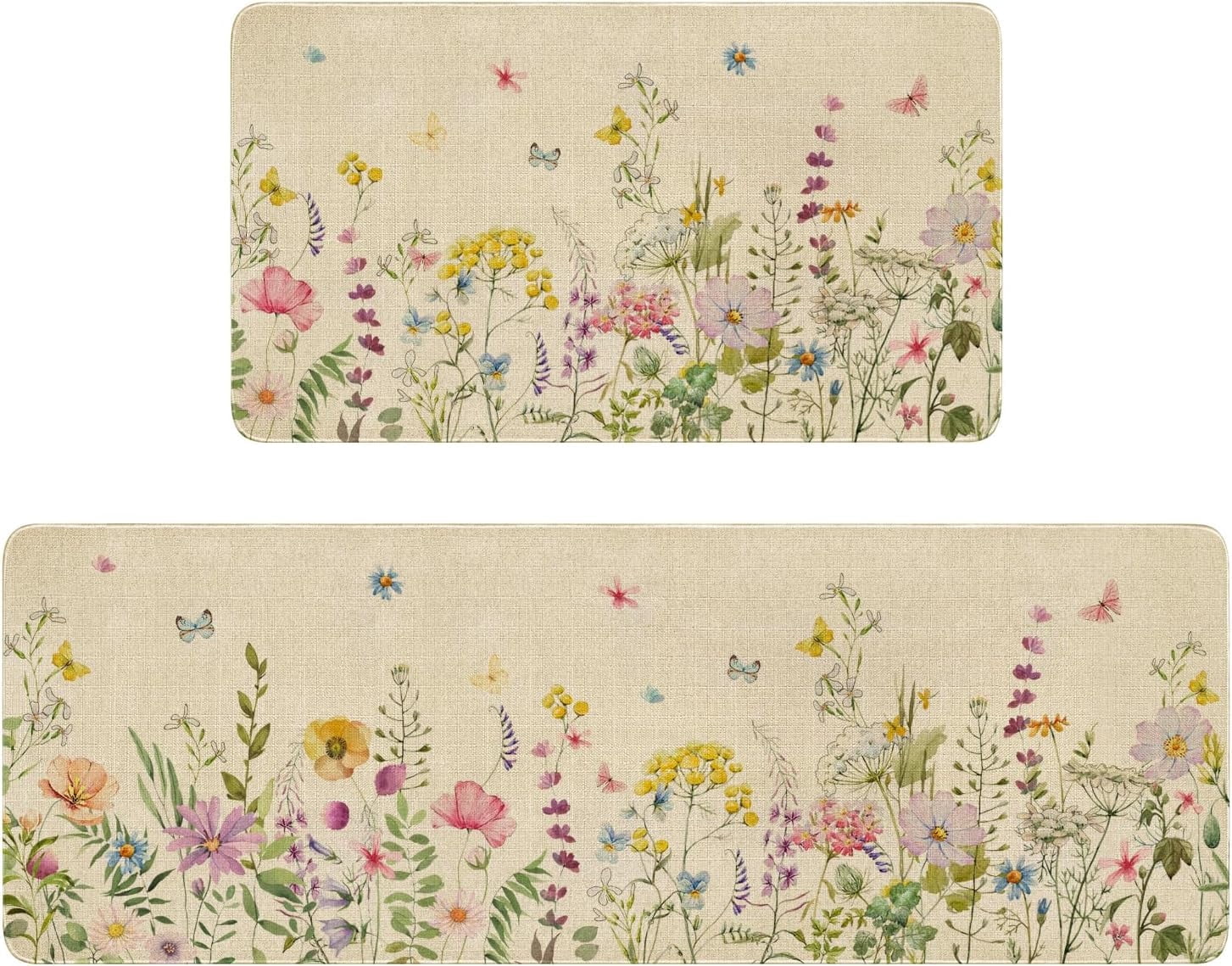 Spring Summer Farmhouse Kitchen Rugs and Mats Set of 2,Watercolor Flower Floral Kitchen Mat,Non Slip Washable Kitchen Floor Sink Mats Decorations for Home Kitchen 18"x48"+18"x30"