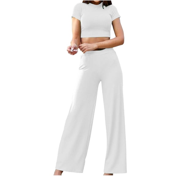 Spring and Summer Fashion 2 Picec of Sets for Womens Plus Size Casual Comfortable Solid Color Short Sleeve Round Neck Midriff-baring Solid Color Elastic Waist Pants Sets