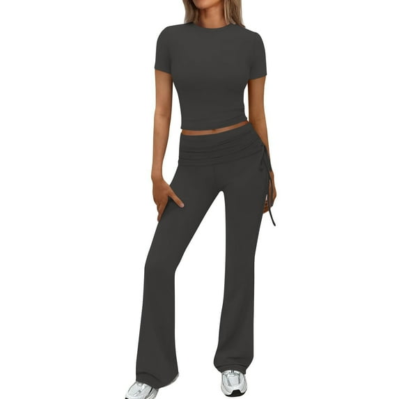 Spring and Summer Fashion 2 Picec of Sets for Womens Plus Size Casual Spring And Solid Color Short Sleevele Round-Neck Blouses Long Pant Elastic Waist Sets