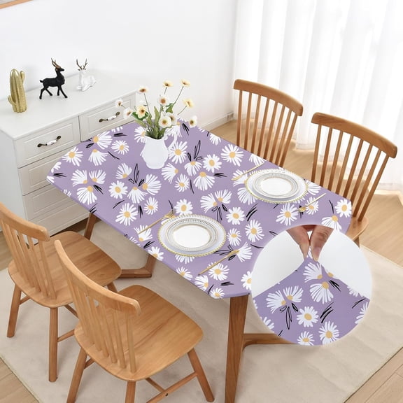 Spring Summer Fitted Oval Light Purple Tablecloth 48x68 Inch Outdoor Elastic Table Cloth Washable Non Slip Stretch Table Cover Wrinkle Free for Kitchen Dining Decor Cute Daisy Floral