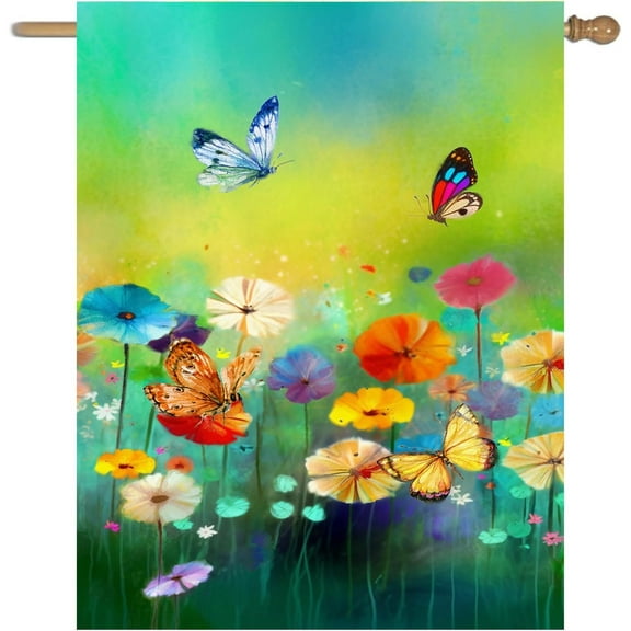Spring Summer Flags for Outside 28x40 Double Sided Seasonal Floral Butterfly Garden Flag Large Green Flower Yard Flag for Outdoor Patio Lawn Decor
