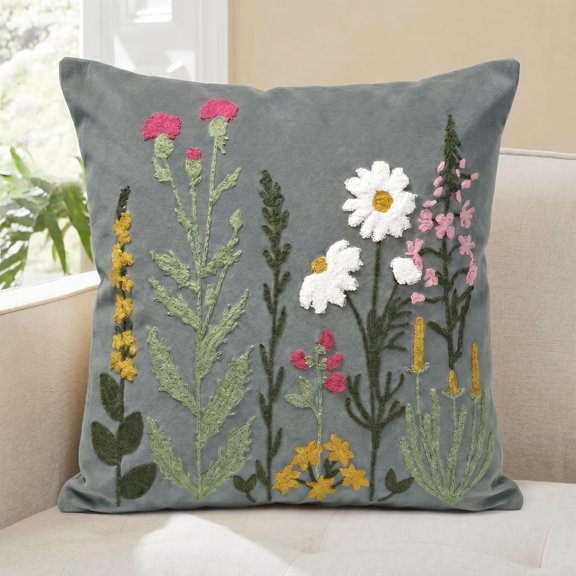 Spring Summer Flembroidered Throwow Cover 18 X 18 Inch Gray Colorful Flowers Decorative Tufted Patterned Linen Cushion Case For Sofa Couch