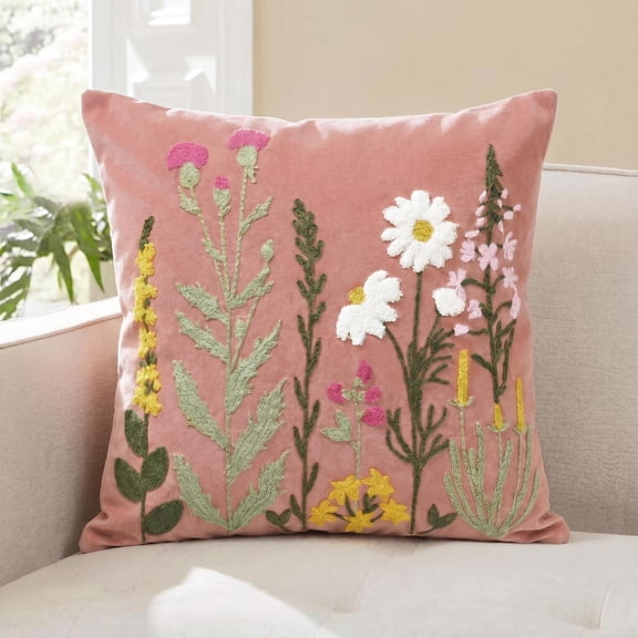 Spring Summer Flembroidered Throwow Cover 18 X 18 Inch Light Pink Colorful Flowers Decorative Tufted Patterned Linen Cushion Case For Sofa Couch