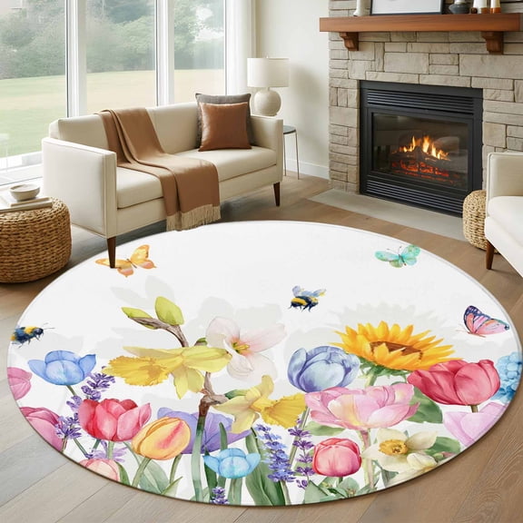Spring Summer Floral 5' Round Rug for Dining Table for 4 People Under Table Placement, Watercolor Sunflowers Tulip Romantic Butterfly Bee Washable Non Slip Circle Area Rug