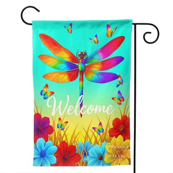 Spring Summer Floral Dragonfly Garden Flag 12X18 Inch Double Sided Floral Dragonfly Pattern Banner for Outside Home Yard Front Door Porch Lawn Patio Courtyard Welcome Landscape Display Decor