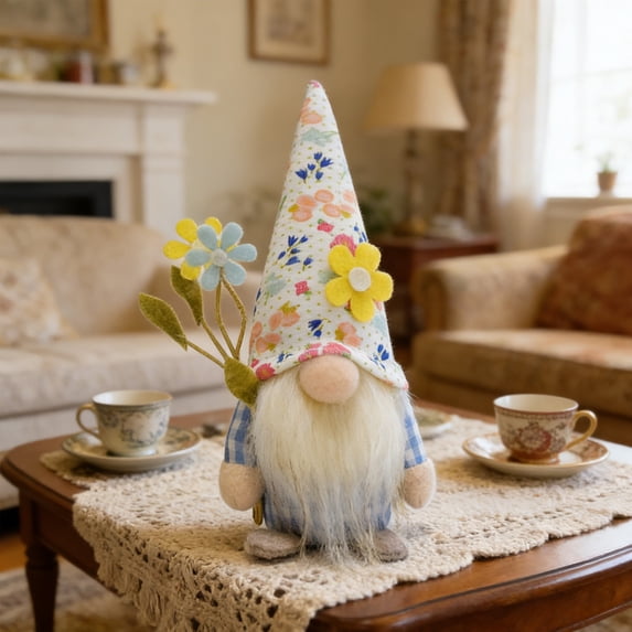 Spring Summer Floral Faceless Gnome Plush Decor Soft Lint Table Shelf Sitter Accents for Home Easter Spring Festive Tabletop Decorations,Blue