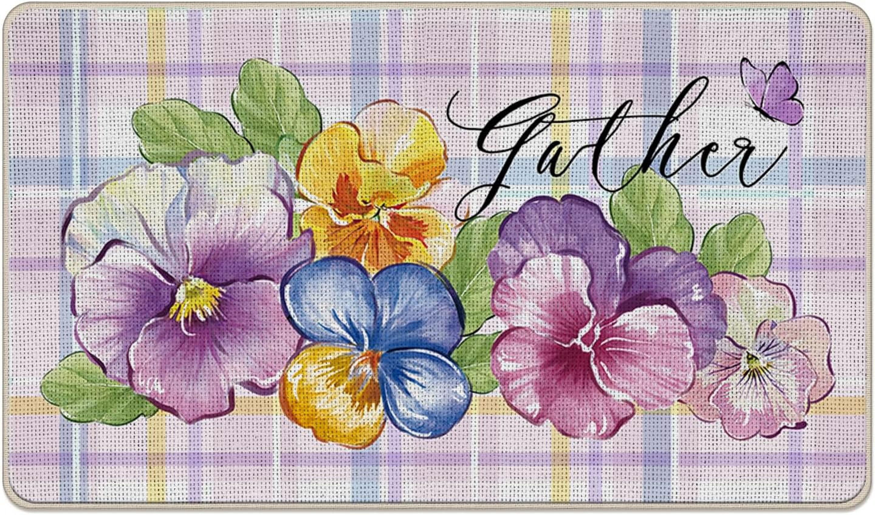 Spring Summer Floral Flower Decorative Front Door Mat, Pansy Purple Plaid Check Gather Doormat Indoor Outdoor Non-Slip Floor Entryway Rug, Butterfly Farmhouse Home Kitchen Decoration 17x30 Inch