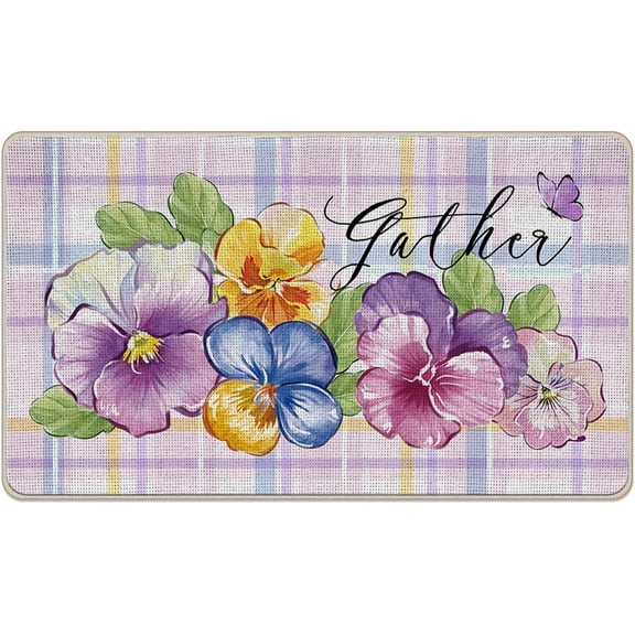 Spring Summer Floral Flower Decorative Front Door Mat, Pansy Purple Plaid Check Gather Doormat Indoor Outdoor Non-Slip Floor Entryway Rug, Butterfly Farmhouse Home Kitchen Decoration 17x30 Inch