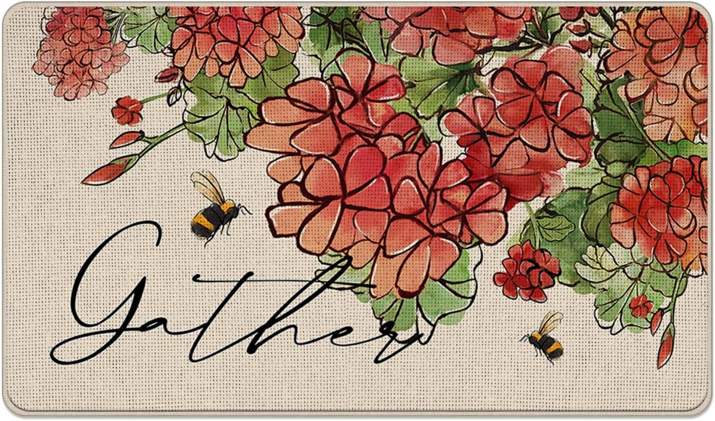 Spring Summer Floral Flower Decorative Front Door Mat, Red Geranium Doormat Indoor Outdoor Non-Slip Floor Entryway Rug, Gather Bee Seasonal Home Kitchen Decoration 17x30 Inch