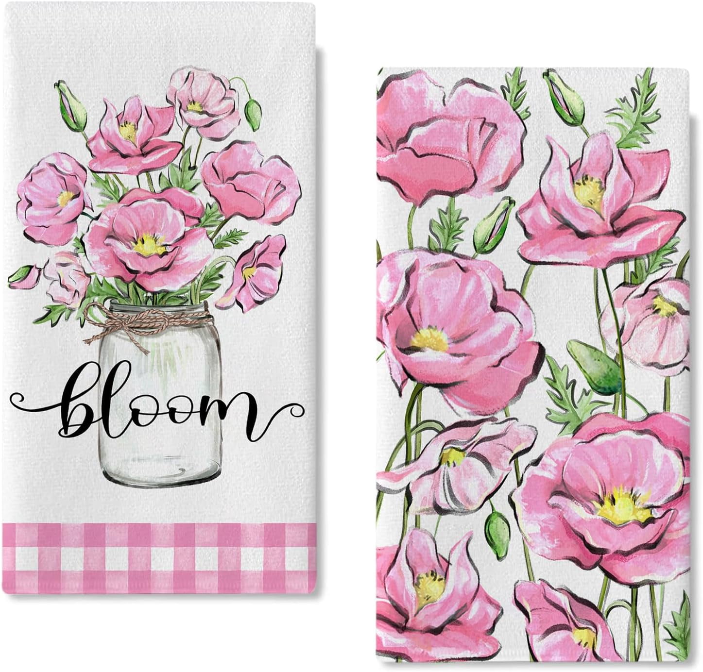 Spring Summer Floral Flower Kitchen Dish Towels Set of 2, Bloom Pink ...