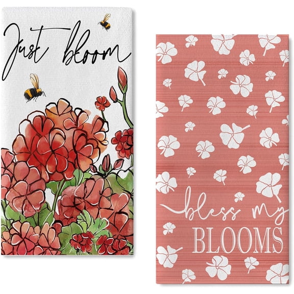 Spring Summer Floral Flower Kitchen Dish Towels Set of 2, Red Geranium Bee Just Bloom Hand Towels Drying Baking Cooking Cloth, Bless My Blooms Seasonal Home Kitchen Decor 18 x 26 Inch