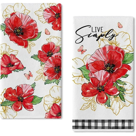Spring Summer Floral Flower Kitchen Dish Towels Set of 2, Red Poppy Live Simply Hand Towels Drying Baking Cooking Cloth, Butterfly Buffalo Plaid Check Farmhouse Home Kitchen Decor 18 x 26 Inch