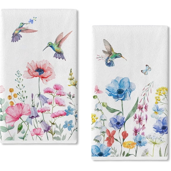 Spring Summer Floral Flower Kitchen Dish Towels Set of 2, Red Poppy Mason Jar Just Bloom Hand Towels Drying Baking Cooking Cloth, Buffalo Plaid Check Farmhouse Home Kitchen Decor 18x26 Inch