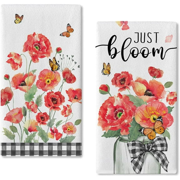 Spring Summer Floral Flower Kitchen Dish Towels Set of 2, Red Poppy Mason Jar Just Bloom Hand Towels Drying Baking Cooking Cloth, Buffalo Plaid Check Farmhouse Home Kitchen Decor 18x26 Inch