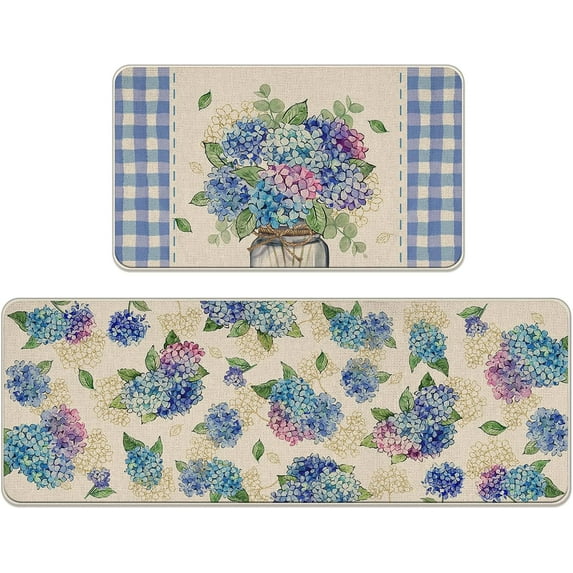 Spring Summer Floral Flower Kitchen Rugs Set of 2, Blue Hydrangea Mason Jar Eucalyptus Leaves Kitchen Mats Decor, Plaid Check Farmhouse Floor Door Mat Home Decorations -17x30 and 17x47 Inch