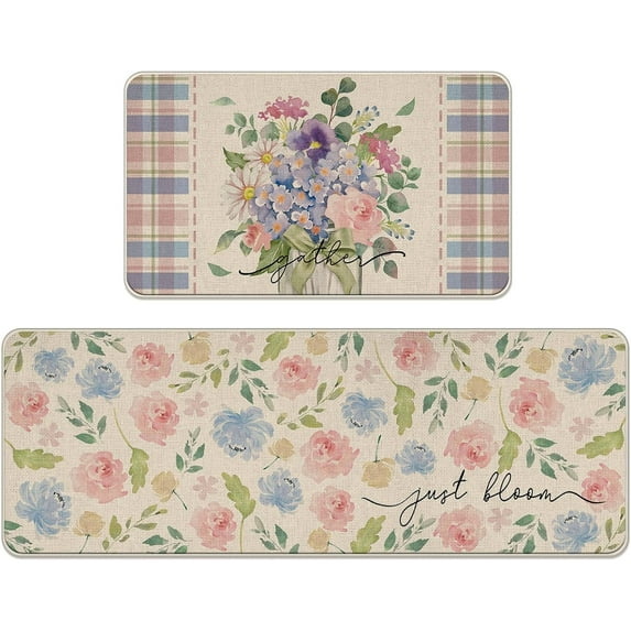 Spring Summer Floral Flower Kitchen Rugs Set of 2, Just Bloom Gather Blue Pink Peony Rose Mason Jar Kitchen Mats Decor, Plaid Farmhouse Floor Door Mat Home Decorations -17x29 and 17x47 Inch