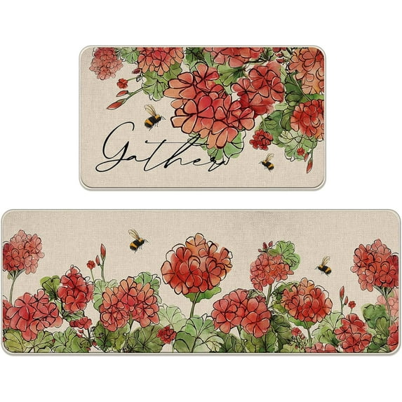 Spring Summer Floral Flower Kitchen Rugs Set of 2, Red Geranium Bee Gather Kitchen Mats Decor, Seasonal Floor Door Mat Home Decorations -17x29 and 17x47 Inch