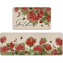 Spring Summer Floral Flower Kitchen Rugs Set of 2, Red Geranium Bee Gather Kitchen Mats Decor, Seasonal Floor Door Mat Home Decorations -17x29 and 17x47 Inch