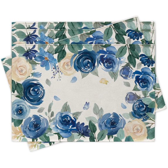 Spring Summer Floral Flower Placemats Set of 4, Blue White Rose Butterfly Dining Place Mats Table Decor, Seasonal Home Kitchen Decoration 12 x 18 Inch