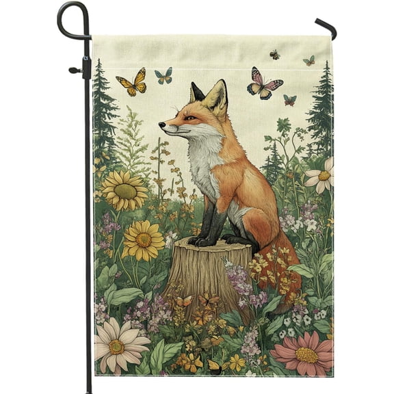 Spring Summer Floral Fox Garden Flag, Double Sided Burlap Yard Banner, Orange Woodland Fox Butterfly Outdoor Lawn Decoration, 12 x 18 Inch