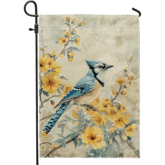 Spring Summer Floral Garden Flag, Blue Jay Bird Home Decor Garden Flags, Double Sided Yard Flag Seasonal Outdoor Lawn Decoration 12x18 Inch