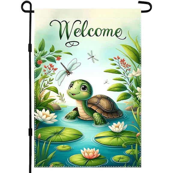 Spring Summer Floral Garden Flag Double Sided 12x18 Inch Outdoor Yard Welcome Design with Turtle and Dragonfly