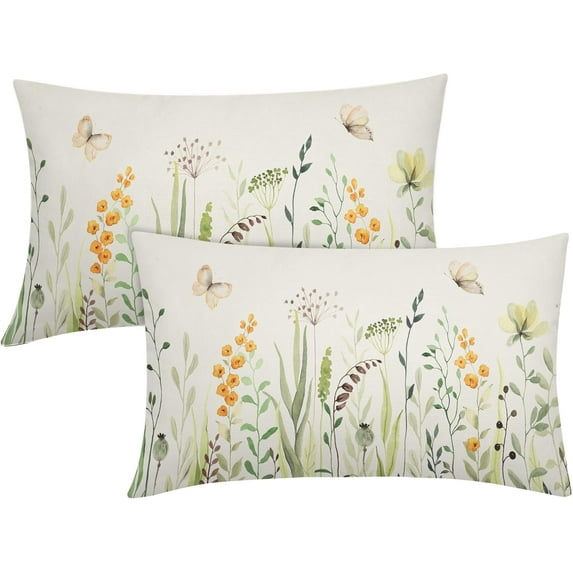 Spring Summer Floral Lumbar Pillow Covers 12X20 Inch Yellow Wild Flowers Green Leaves Butterfly Decorative Pillow Cases Set of 2 Throw Pillows Farmhouse Home Decor For Sofa Couch Cushion Outdoor