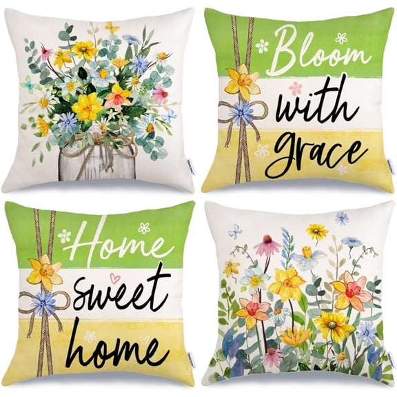 Spring Summer Floral Mason Jar Home Sweet Home Throw Pillow Covers Set of 4, 18x18 inch Bloom with Grace Farmhouse Stripes Seasonal Decorative Cushion Case for Home Decoration G697-18