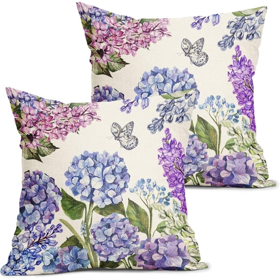 Spring Summer Floral Pillow Covers 16X16 Inch Purple Blue Flowers Bloom Butterfly Decorative Pillow Cases Colorful Throw Pillows Set of 2 Seasonal Farmhouse Home Decor for Sofa Couch Outdoor