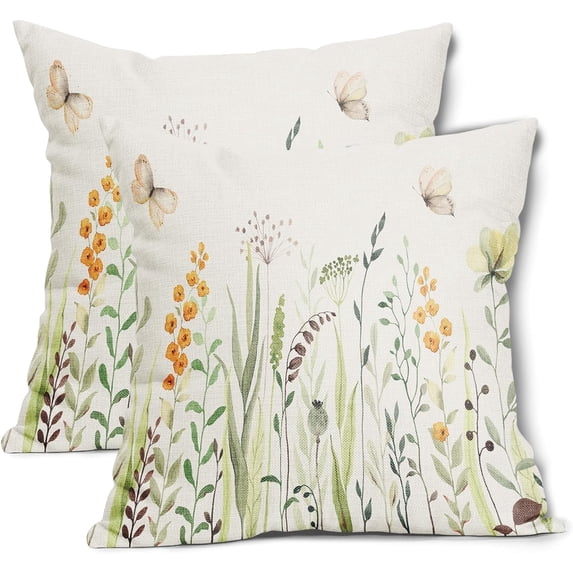 Spring Summer Floral Pillow Covers 16X16 Inch Yellow Flowers Green Leaves Butterfly Decorative Pillow Cases Set of 2 Cotton Linen Throw Pillows Farmhouse Home Decor For Sofa Couch Cushion Outdoor